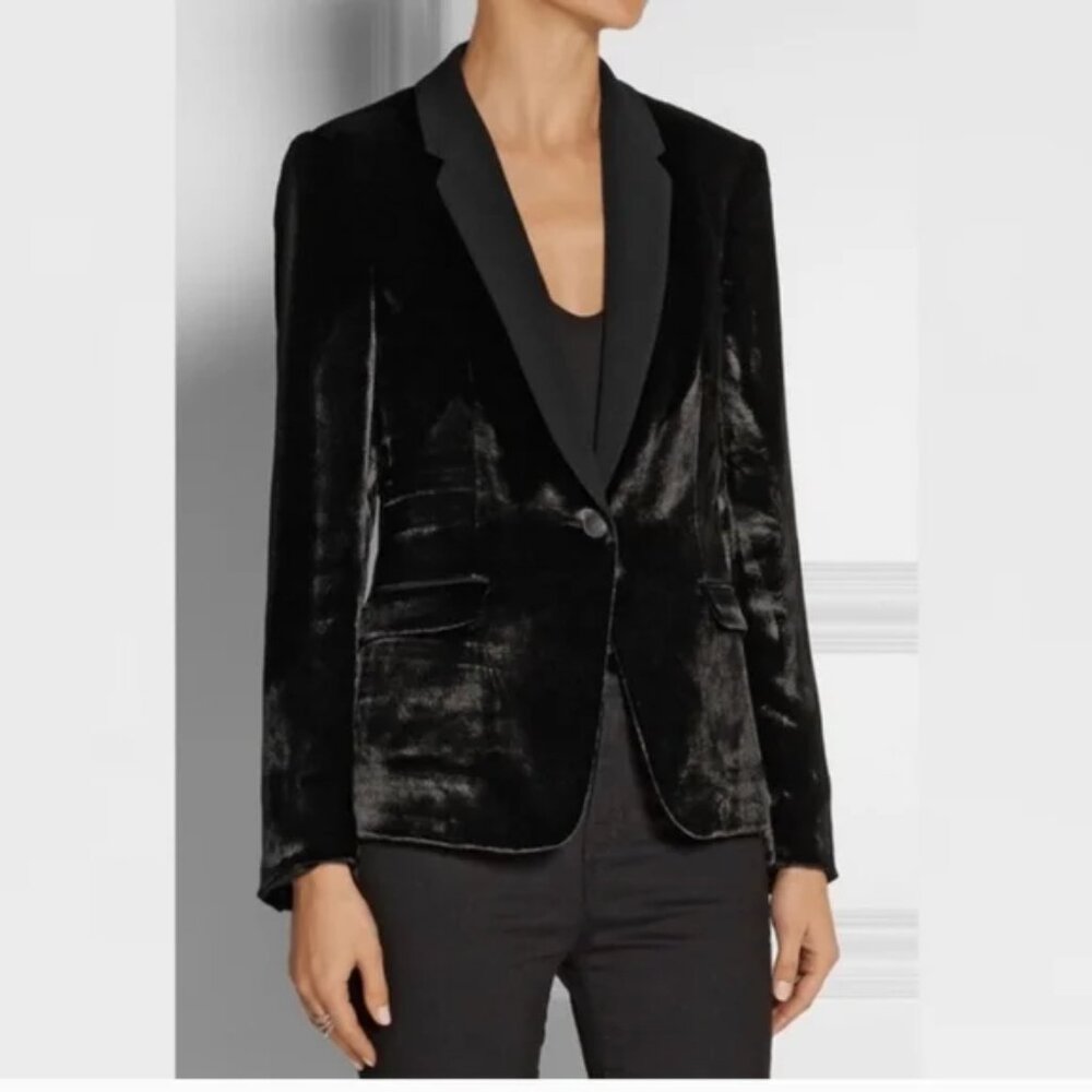 Rag and Bone March Crepe Trimmed Tuxedo Velvet Blazer Size 2 Black Silk Tux